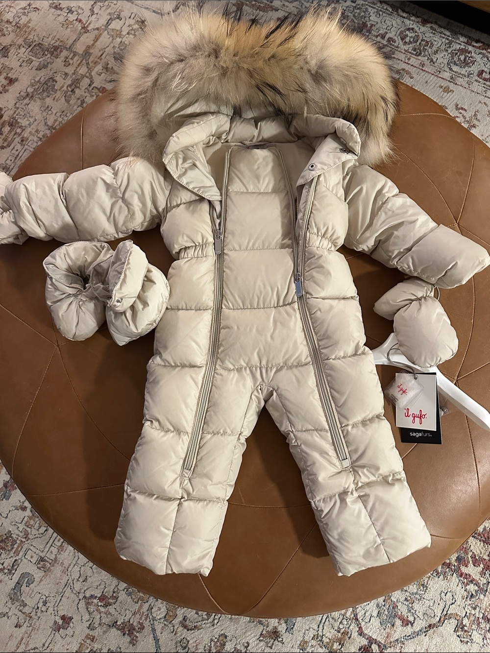 Il Gufo Cream Puffer One-Piece Snowsuit with Raccoon Fur Hood